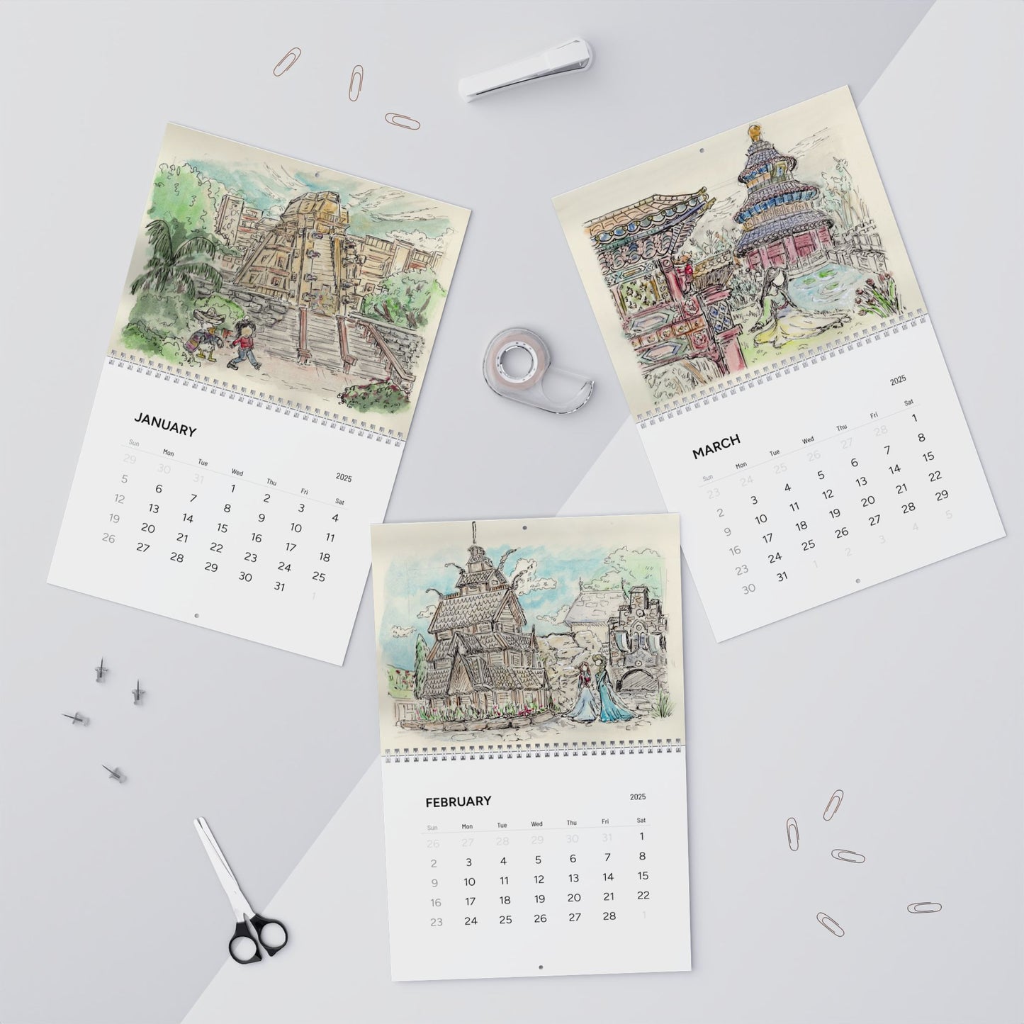 Around the World Travel Sketches 2025 12-Month Calendar