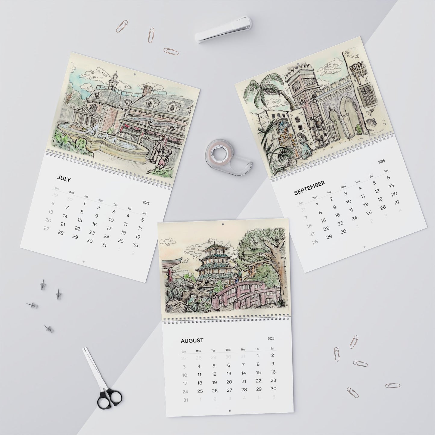 Around the World Travel Sketches 2025 12-Month Calendar